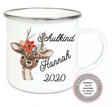 ♥ Becher Tasse Emaillebecher zauberhafte Tasse Emailletasse,Einschulung Schulkind Reh Boho KITA Wunschname, Dankeschön, Geburtstag, Jubiläum, Geschenk, Kommunion, Firmung Konfirmation, Becher von Lüttentüddel